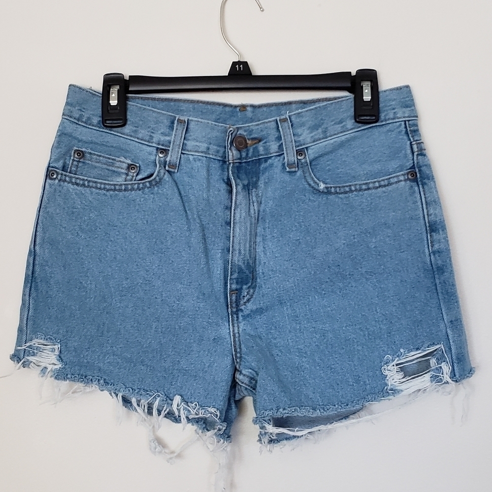 100% cotton high rise cutoff denim shorts Sz 29, vintage, jean shorts wedgie fit